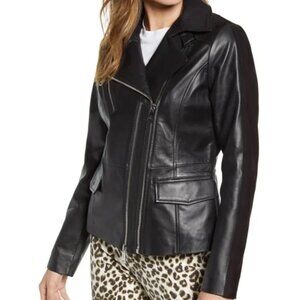 new BERNARDO Suede Detail soft genuine Leather Double zipper Moto Jacket